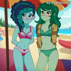 Size: 4096x4096 | Tagged: suggestive, ai content, derpibooru import, machine learning generated, prompter:angeldusk17, wallflower blush, equestria girls, g5, beach, belly, belly button, bikini, clothes, collarbone, duo, duo female, female, g4, image, jpeg, misty brightdawn, photoshop, swimsuit, thin