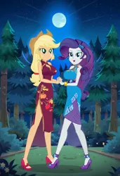 Size: 832x1216 | Tagged: suggestive, ai content, machine learning generated, prompter:tiamatnightmare, applejack, rarity, human, equestria girls, chinese dress, female, forest, holding hands, humanized, image, jpeg, lesbian, moon, night, night sky, rarijack, shipping, sky, stars, tree