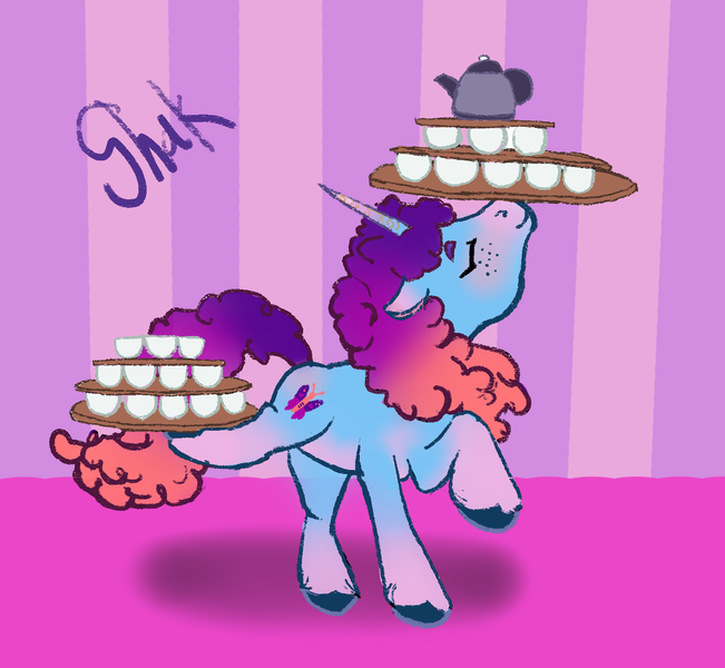 Size: 1602x1477 | Tagged: safe, artist:shakoa, artist:shakoba, derpibooru import, pony, unicorn, g5, balancing, cup, eyes closed, female, freckles, horn, image, mare, misty brightdawn, pink background, plate, png, raised leg, rebirth misty, signature, simple background, solo, teacup, teapot