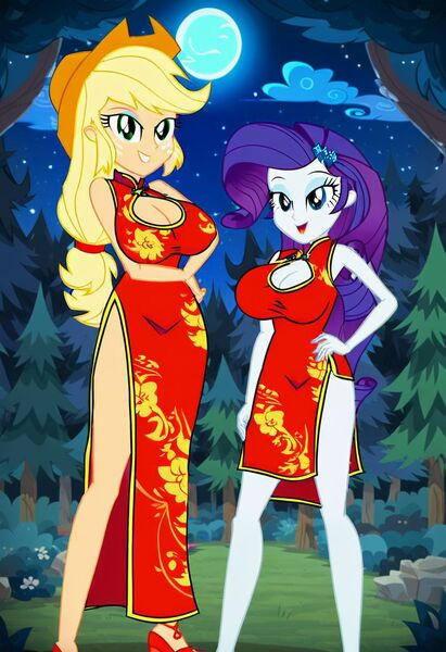 Size: 832x1216 | Tagged: suggestive, ai content, machine learning generated, prompter:tiamatnightmare, applejack, rarity, human, equestria girls, chinese dress, female, forest, humanized, image, jpeg, lesbian, moon, night, night sky, rarijack, shipping, sky, stars, tree