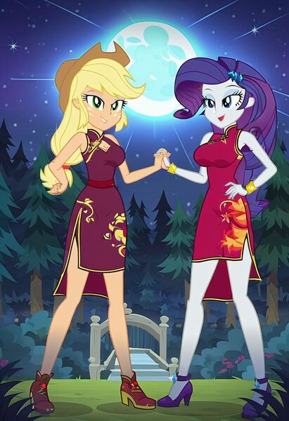 Size: 832x1216 | Tagged: suggestive, ai content, machine learning generated, prompter:tiamatnightmare, applejack, rarity, human, equestria girls, chinese dress, female, forest, holding hands, humanized, image, jpeg, lesbian, moon, night, night sky, rarijack, shipping, sky, stars, tree