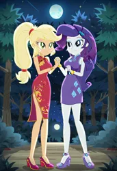 Size: 832x1216 | Tagged: suggestive, ai content, machine learning generated, prompter:tiamatnightmare, applejack, rarity, human, equestria girls, chinese dress, female, forest, holding hands, humanized, image, jpeg, lesbian, moon, night, night sky, rarijack, shipping, sky, stars, tree