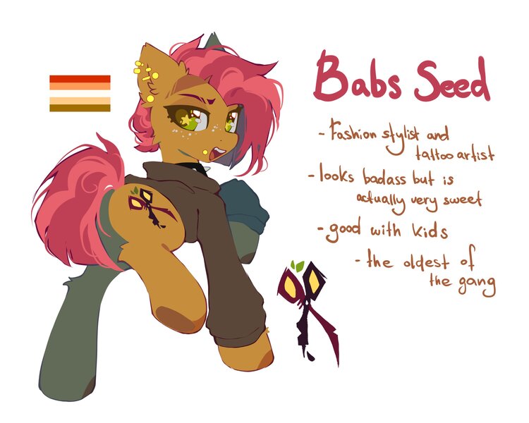 Size: 2717x2174 | Tagged: safe, artist:mirtash, derpibooru import, part of a set, babs seed, earth pony, pony, alternate cutie mark, alternate design, big eyes, black hoodie, brown coat, brown hooves, brown pupils, butch, butch lesbian, butch lesbian pride flag, cheek fluff, clothes, collar, colored, colored hooves, colored pupils, colored underhoof, ear fluff, ear piercing, earring, eyebrow slit, eyebrows, female, freckles, g4, gauges, green eyes, high res, hoodie, image, industrial piercing, jewelry, jpeg, leg fluff, lidded eyes, lip piercing, looking away, looking back, mare, mouthpiece, narrowed eyes, older, older babs seed, open mouth, open smile, piercing, politics, pride, pride flag, raised hoof, raised leg, rear view, red mane, red tail, red text, redesign, shiny eyes, short mane, short tail, simple background, smiling, snake bites, solo, spiked collar, standing, starry eyes, tail, teeth, text, thick eyelashes, tongue out, two toned mane, two toned tail, underhoof, white background, wingding eyes