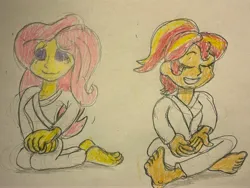 Size: 5712x4284 | Tagged: safe, derpibooru import, fluttershy, sunset shimmer, clothes, feet, gi, image, jpeg, karate, meditation