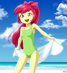 Size: 2315x2504 | Tagged: safe, artist:uotapo, apple bloom, equestria girls, beach, bow, clothes, female, hair bow, image, jpeg, one-piece swimsuit, solo, stupid sexy apple bloom, swimsuit, towel