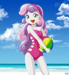 Size: 2315x2504 | Tagged: safe, artist:uotapo, sweetie belle, equestria girls, beach, beach ball, clothes, female, image, jpeg, one-piece swimsuit, solo, swimsuit