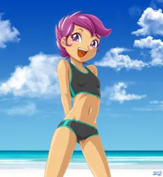 Size: 2315x2504 | Tagged: safe, artist:uotapo, scootaloo, equestria girls, beach, clothes, cute, cutealoo, female, image, jpeg, solo, stupid sexy scootaloo, swimsuit, two-piece swimsuit