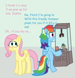 Size: 1450x1500 | Tagged: safe, artist:zoeyhorse, derpibooru import, fluttershy, rainbow dash, pegasus, pony, bipedal, blushing, crane game, crossover, dialogue, female, five nights at freddy's, flutterdash, freddy fazbear, g4, image, lesbian, mare, missing cutie mark, png, shipping, smiling