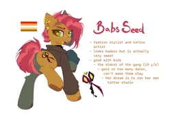 Size: 3258x2268 | Tagged: safe, artist:mirtash, derpibooru import, part of a set, babs seed, earth pony, pony, alternate cutie mark, alternate design, big eyes, black hoodie, brown coat, brown hooves, brown pupils, butch, butch lesbian, butch lesbian pride flag, cheek fluff, clothes, collar, colored, colored hooves, colored pupils, colored underhoof, ear fluff, ear piercing, earring, eyebrow slit, eyebrows, female, freckles, g4, gauges, green eyes, high res, hoodie, hooves, image, industrial piercing, jewelry, leg fluff, lidded eyes, lip piercing, looking away, looking back, mare, mouthpiece, narrowed eyes, older, older babs seed, open mouth, open smile, orange text, piercing, png, politics, pride, pride flag, raised hoof, raised leg, rear view, red mane, red tail, red text, redesign, shiny eyes, short mane, short tail, simple background, smiling, snake bites, solo, spiked collar, standing, starry eyes, tail, teeth, text, thick eyelashes, tongue out, two toned mane, two toned tail, underhoof, white background, wingding eyes