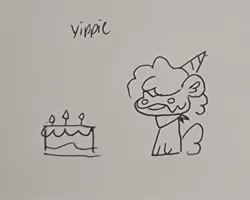 Size: 2224x1778 | Tagged: safe, artist:comicmaker, derpibooru import, oc, oc:comic maker, unofficial characters only, pony, g5, birthday, birthday cake, cake, candle, clothes, female, food, g5 oc, grayscale, hat, image, jpeg, mare, monochrome, party hat, scarf, sketch, smiling, solo, tail, yippie