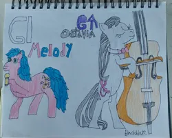 Size: 3252x2604 | Tagged: safe, artist:blackblade360, derpibooru import, melody, octavia melody, earth pony, pony, g1, bipedal, blue mane, blue tail, colored pencil drawing, duo, evolution, eyes closed, female, g4, green eyes, image, irl, jpeg, looking at you, mare, microphone, musical instrument, paper, photo, pink coat, pose, signature, tail, traditional art, two toned mane, two toned tail, violin, young mare