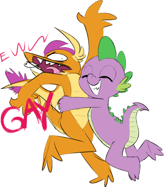Size: 833x948 | Tagged: safe, artist:furseiseki, derpibooru import, smolder, spike, dragon, digital art, dragon wings, duo, duo male and female, female, flailing, g4, gay, gay in front of girls, hug, hugging a dragon, image, male, older, older spike, png, screaming, ship:spolder, shipping, simple background, straight, teenage spike, teenaged dragon, teenager, text, transparent background, wingless spike, wings