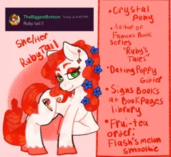 Size: 1406x1289 | Tagged: safe, artist:kiwiscribbles, derpibooru import, oc, oc:rubytail, unofficial characters only, crystal pony, pony, ear piercing, earring, handwriting, image, jewelry, piercing, png, solo, text