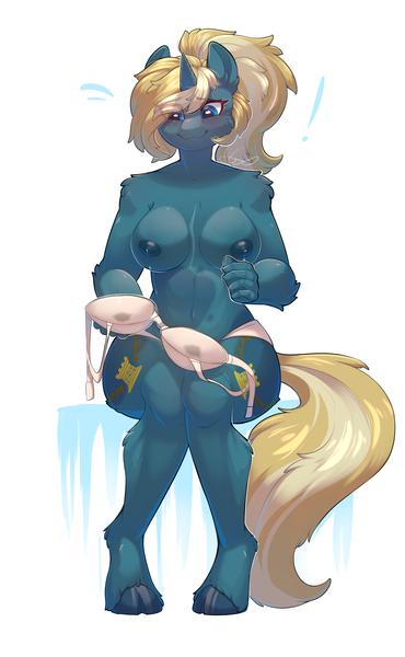 Size: 2000x3246 | Tagged: questionable, artist:peachmayflower, derpibooru import, oc, oc:maple parapet, unofficial characters only, anthro, unguligrade anthro, unicorn, bra, breast milk, breasts, clothes, cloven hooves, exclamation point, female, horn, image, lactation, milk, nipples, nudity, panties, partial nudity, png, sitting, solo, solo female, topless, underwear, unicorn oc