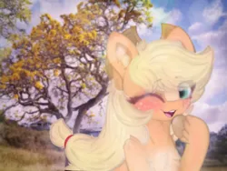 Size: 4096x3072 | Tagged: safe, artist:sodapop sprays, derpibooru import, applejack, earth pony, pony, blushing, chest fluff, cloud, cowboy hat, cowgirl, ear fluff, freckles, hat, headband, image, irl, irl background, looking at you, one eye closed, open mouth, photo, png, shoulder fluff, smiling, solo, unshorn fetlocks, wink