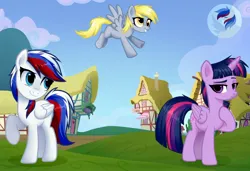 Size: 2560x1746 | Tagged: safe, artist:megabait, derpibooru import, derpy hooves, twilight sparkle, twilight sparkle (alicorn), oc, oc:marussia, ponified, alicorn, pegasus, pony, canon x oc, commission, detailed background, image, jpeg, nation ponies, ponyville, russia