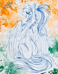 Size: 1253x1600 | Tagged: safe, artist:sunny way, derpibooru import, oc, oc:sunny way, unofficial characters only, pegasus, pony, cute, digital art, eye clipping through hair, eyebrows, eyebrows visible through hair, eyes closed, eyeshadow, facing away, feather, female, fluffy, g4, image, ipad, long ears, makeup, mare, paper, png, realistic paint studio, sitting, solo, traditional art, watercolor painting, wings