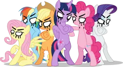 Size: 1024x556 | Tagged: safe, artist:terrebonnerobbi, derpibooru import, applejack, fluttershy, pinkie pie, rainbow dash, rarity, twilight sparkle, pony, darkness, fresh princess and friends' poses, fresh princess of friendship, image, mane six, pibby, png, simple background, transparent background