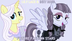 Size: 1920x1080 | Tagged: safe, artist:cheezedoodle96, derpibooru import, edit, editor:jaredking779, inky rose, lily lace, pegasus, pony, unicorn, clothes, dress, duo, duo female, eyeshadow, female, g4, goth, goth pony, horn, image, jpeg, makeup, mare, purple background, see-through, simple background, spread wings, wings