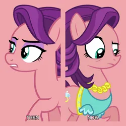 Size: 1080x1080 | Tagged: safe, artist:90sigma, artist:ironm17, derpibooru import, edit, editor:jaredking779, spoiled rich, earth pony, pony, clothes, eyeshadow, female, g4, image, jpeg, makeup, mare, pink background, self paradox, self ponidox, simple background, solo, spoiled milk, then and now