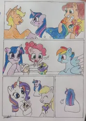 Size: 1080x1526 | Tagged: safe, artist:doodletheexpoodle, derpibooru import, applejack, cheese sandwich, derpy hooves, pinkie pie, rarity, sunburst, twilight sparkle, twilight sparkle (alicorn), oc, oc:daylight amethyst, oc:northern star, alicorn, earth pony, pegasus, pony, unicorn, baby, baby pony, birthday cake, brother and sister, cake, cheesejack, colt, comic, female, filly, foal, food, g4, holding a pony, horn, image, jpeg, male, offspring, parent:sunburst, parent:twilight sparkle, parents:twiburst, shipping, siblings, straight, traditional art, twiburst