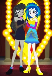 Size: 832x1216 | Tagged: safe, ai content, machine learning generated, prompter:tiamatnightmare, octavia melody, vinyl scratch, human, equestria girls, clothes, dress, ear piercing, earring, female, gloves, holding hands, humanized, image, jewelry, jpeg, lesbian, long gloves, piercing, scratchtavia, shipping