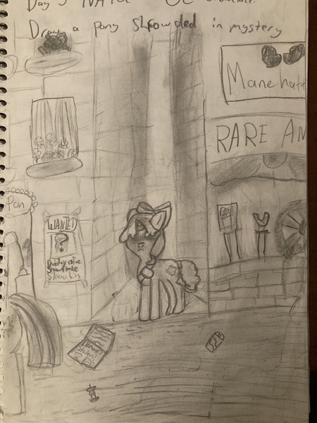 Size: 3024x4032 | Tagged: safe, artist:goldenmidnight, derpibooru import, twilight sparkle, oc, oc:snowflake, apartment, forehead shadow, image, jpeg, manehattan, monochrome, mysterious, newbie artist training grounds, newspaper, offscreen character, trash, wanted poster