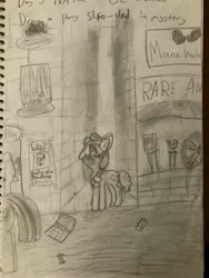 Size: 3024x4032 | Tagged: safe, artist:goldenmidnight, derpibooru import, twilight sparkle, oc, oc:snowflake, apartment, forehead shadow, image, jpeg, manehattan, monochrome, mysterious, newbie artist training grounds, newspaper, offscreen character, trash, wanted poster