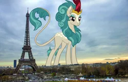 Size: 4272x2740 | Tagged: safe, artist:efernothedragon, derpibooru import, edit, editor:jaredking779, rain shine, kirin, pony, eiffel tower, eyeshadow, female, france, g4, giant kirin, giant pony, high res, highrise ponies, image, irl, jpeg, leonine tail, looking down, macro, makeup, paris, photo, ponies in real life, queen, solo, story included, tail, tall
