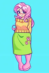 Size: 2193x3256 | Tagged: safe, artist:minky, derpibooru import, fluttershy, human, arm behind back, blue background, blushing, clothes, female, high res, humanized, image, jpeg, simple background, solo, sweater, sweatershy