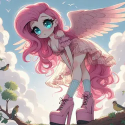 Size: 1024x1024 | Tagged: safe, ai content, derpibooru import, machine learning generated, prompter:glimmy-glam, fluttershy, bird, human, :o, bending, blushing, boots, breasts, cleavage, clothes, cloud, cute, dress, frilly dress, high heel boots, high heels, humanized, image, jpeg, open mouth, platform heels, shoes, skirt, socks, solo, spread wings, wings