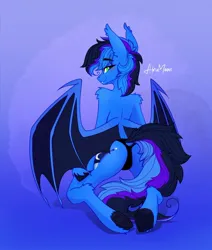 Size: 1700x2001 | Tagged: suggestive, artist:alrumoon_art, derpibooru import, oc, oc:guard cobalt flash, unofficial characters only, bat pony, bat pony oc, bat wings, blushing, clothes, commission, image, jpeg, looking back, panties, sultry pose, underwear, wings, ych result