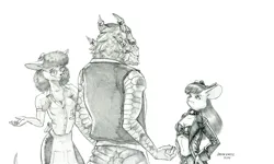 Size: 1600x960 | Tagged: safe, artist:baron engel, derpibooru import, apple bloom, oc, anthro, lizard, mouse, female, image, jpeg, male, monochrome, mousified, pencil drawing, species swap, story included, traditional art