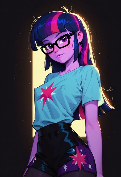 Size: 832x1216 | Tagged: safe, machine learning generated, prompter:rkmisc, twilight sparkle, human, equestria girls, blushing, clothes, cutie mark, cutie mark on clothes, erect nipples, freckles, glasses, image, jpeg, nipple outline, pantyhose, shirt, shorts, simple background, solo