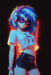 Size: 832x1216 | Tagged: safe, machine learning generated, prompter:rkmisc, vinyl scratch, human, equestria girls, blushing, clothes, cutie mark, cutie mark on clothes, erect nipples, freckles, headphones, image, jpeg, nipple outline, shirt, shorts, simple background, solo, sunglasses