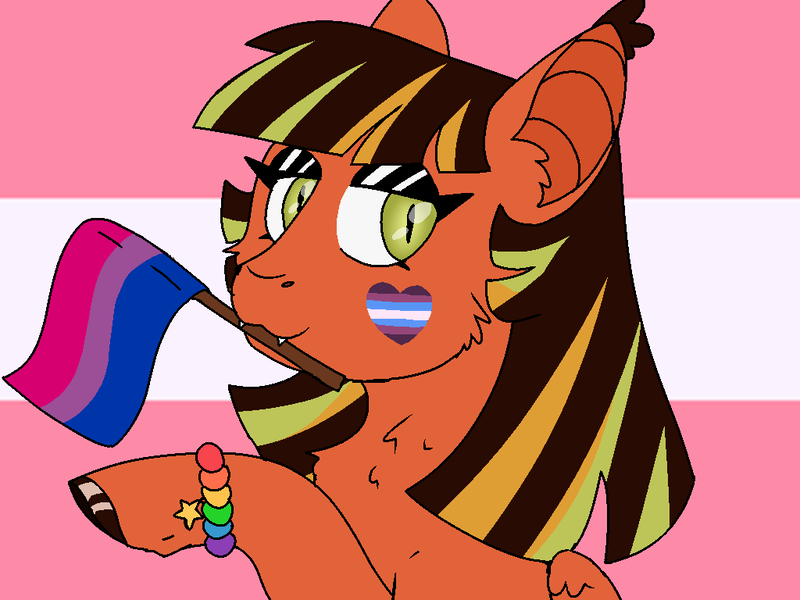 Size: 1024x768 | Tagged: safe, artist:fluffytailponies, derpibooru import, oc, oc:crispi salad, unofficial characters only, hybrid, pony, bisexual, bisexual pride flag, bracelet, chest fluff, fangs, female, flag, fluffy, gender non-conforming, gender non-conforming pride flag, image, jewelry, multicolored hair, pegabat, png, pride, pride flag, sapphic, sapphic pride flag, slit pupils, solo, solo female