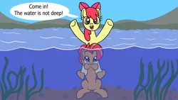 Size: 1920x1080 | Tagged: safe, artist:platinumdrop, derpibooru import, apple bloom, babs seed, pony, female, filly, foal, holding breath, image, png, puffy cheeks, request, speech bubble, underwater, water