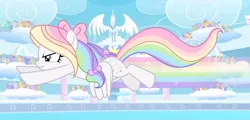 Size: 1272x610 | Tagged: safe, artist:cstrawberrymilk, derpibooru import, oc, oc:rainbow heart, pegasus, pony, bow, female, flying, hair bow, image, jpeg, mare, solo