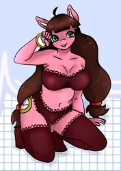 Size: 1240x1754 | Tagged: suggestive, artist:anykoe, derpibooru import, oc, oc:macdolia, anthro, earth pony, anthro oc, blushing, clothes, ear fluff, earth pony oc, female, green eyes, heart, heart eyes, image, lingerie, long hair, looking at you, png, simple background, socks, solo, underwear, watch, wingding eyes