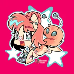 Size: 1300x1300 | Tagged: safe, artist:cherry_tree, derpibooru import, oc, alien, alien pony, pony, chibi, cute, female, full body, happy, image, pink background, png, simple background, solo, stars, toy