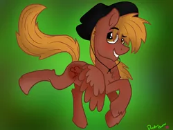 Size: 1280x960 | Tagged: safe, artist:doodle-hooves, derpibooru import, oc, oc:calamity, unofficial characters only, pegasus, pony, fallout equestria, blushing, chest fluff, colored wings, cowboy hat, dashite, dashite brand, eyebrows, eyebrows visible through hair, green background, hat, heart, hoof fluff, image, jpeg, male, pegasus oc, running, signature, simple background, smiling, solo, stallion, two toned wings, wings