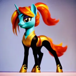 Size: 1024x1024 | Tagged: safe, ai content, derpibooru import, machine learning generated, prompter:anonymous, stable diffusion, sassy saddles, pony, unicorn, 3d, chest plate, eyebrows, female, generator:pony diffusion v6 xl, hoof shoes, horn, image, jpeg, mare, ponytail, solo