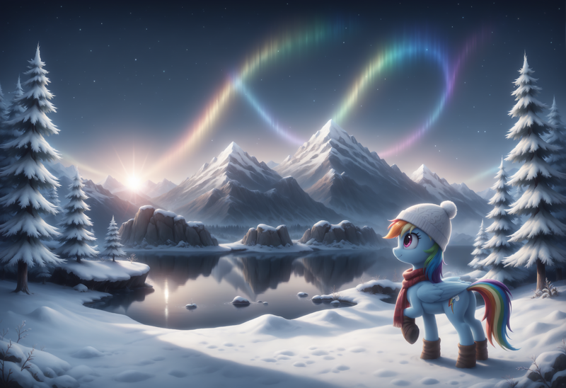 Size: 3552x2432 | Tagged: safe, ai content, derpibooru import, generator:bluefox mix, machine learning generated, prompter:adorablebluefox, stable diffusion, rainbow dash, pegasus, pony, aurora borealis, beanie, beanie hat, beautiful, boots, bush, clothes, collaboration, cute, dashabetes, derpibooru exclusive, detailed, detailed background, female, full body, g4, happy, hat, high res, hoofprints, image, lake, mare, mountain, mountain range, nature, outdoors, png, pretty, prompter:tyto4tme4l, raised hoof, reflection, rock, scarf, scenery, scenery porn, shoes, side view, sky, smiling, snow, snowy mountain, solo, standing, stars, sunrise, tail, tree, wallpaper, water, winter, winter outfit