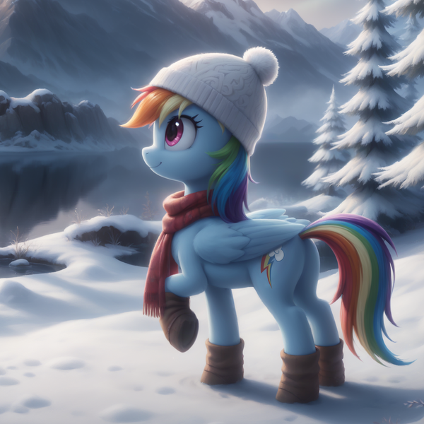 Size: 1250x1250 | Tagged: safe, ai content, alternate version, derpibooru import, generator:bluefox mix, machine learning generated, prompter:adorablebluefox, stable diffusion, rainbow dash, pegasus, pony, beanie, beanie hat, beautiful, boots, clothes, collaboration, cute, dashabetes, derpibooru exclusive, detailed, female, full body, g4, happy, hat, hoofprints, image, lake, mare, mountain, mountain range, nature, outdoors, png, pretty, prompter:tyto4tme4l, raised hoof, reflection, scarf, scenery, scenery porn, shoes, side view, smiling, snow, solo, standing, tail, tree, water, winter, winter outfit