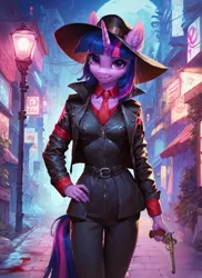 Size: 1024x1408 | Tagged: safe, ai content, derpibooru import, machine learning generated, prompter:star-dragon, stable diffusion, twilight sparkle, anthro, unicorn, blood, clothes, female, generator:pony diffusion v6 xl, gun, handgun, hat, horn, image, mafia, moon, night, pistol, png, solo, street, unicorn twilight, weapon