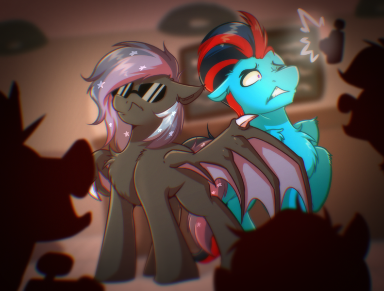 Size: 3152x2392 | Tagged: safe, artist:witchtaunter, derpibooru import, oc, oc:andrew swiftwing, oc:stellar wind, unofficial characters only, bat pony, pony, bat pony oc, bat wings, bodyguard, cafe, camera, commission, image, png, sunglasses, wings