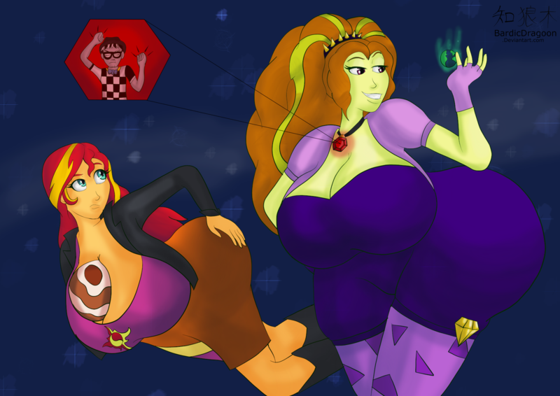 Size: 1754x1240 | Tagged: suggestive, artist:bardicdragoon, derpibooru import, adagio dazzle, sunset shimmer, oc, oc:checkerboard, equestria girls, big breasts, breasts, butt, female, g4, giantess, huge breasts, huge butt, image, large butt, macro, png