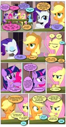 Size: 868x1656 | Tagged: safe, artist:dziadek1990, derpibooru import, edit, edited screencap, screencap, applejack, fluttershy, pinkie pie, rainbow dash, rarity, twilight sparkle, the cutie map, angry, annoyed, comic, conversation, dialogue, g4, image, outdoors, png, screencap comic, sitting, table, text