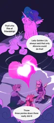 Size: 1153x2592 | Tagged: safe, artist:aztrial, derpibooru import, clover the clever, princess celestia, private pansy, smart cookie, alicorn, anthro, earth pony, pegasus, unicorn, alternate universe, comic, fire of friendship, horn, image, implied princess golden lily, png