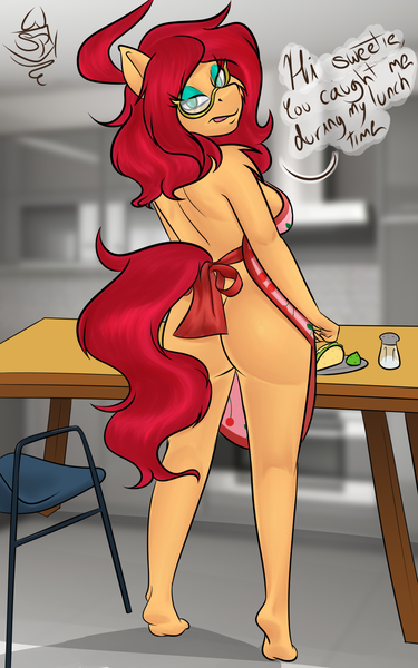 Size: 1251x2000 | Tagged: suggestive, artist:spk, derpibooru import, ponerpics import, oc, oc:vivian cereza, unofficial characters only, anthro, apron, bottomless, breasts, butt, clothes, eyeshadow, female, food, glasses, image, kitchen, looking back, makeup, milf, naked apron, partial nudity, png, redhead, speech bubble, taco, text